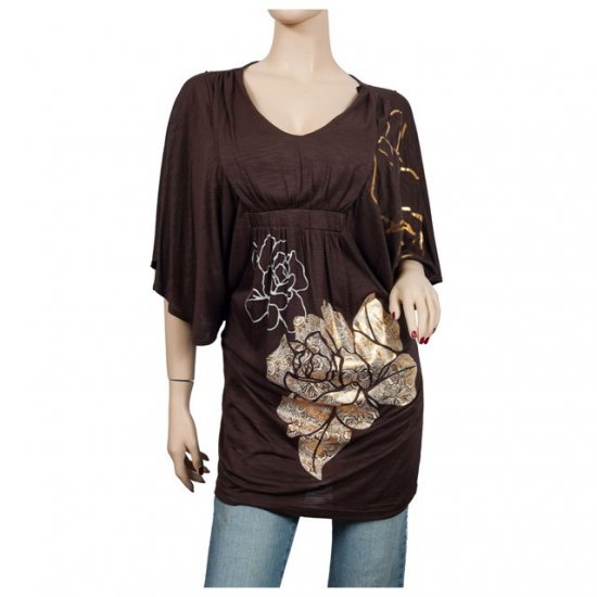 Brown Kimono sleeve Floral print Plus size top 2X