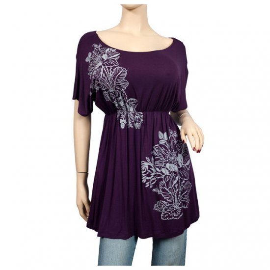 Purple Floral print Wide scoop neck Plus size top 1X