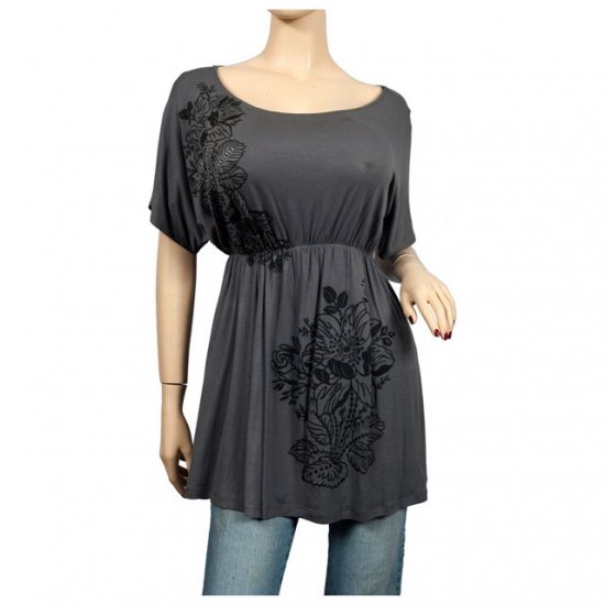 Gray Floral print Wide scoop neck Plus size top 3X