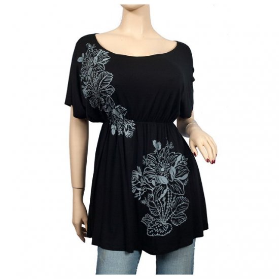 Black Floral print Wide scoop neck Plus size top 3X