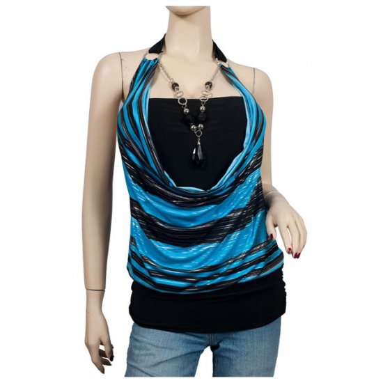 Blue Glitter print Necklace O-ring Plus size top 2X