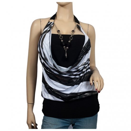 Black Glitter print Necklace O-ring Plus size top 2X