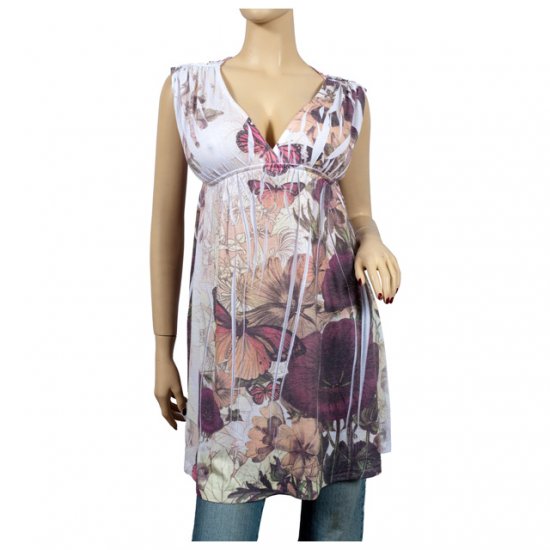 White Butterfly Print Plus Size Tunic Top 1X
