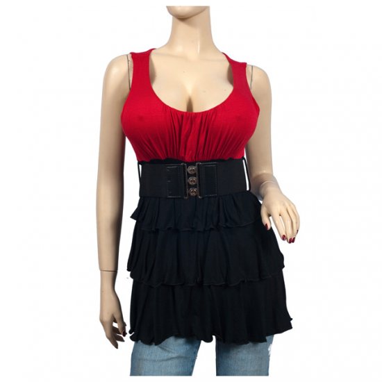 Red Hot Belt Accent Layered Plus Size Tunic Top 3X
