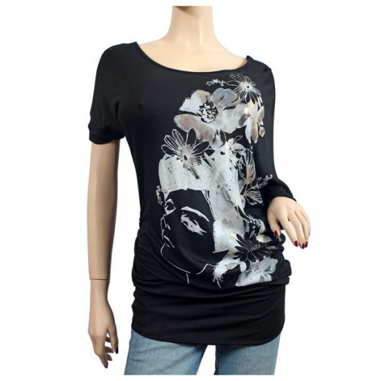 Black Floral Print Wide Neck Plus Size Tunic Top 3X