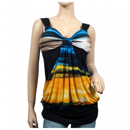 Yellow Blue Designer Print Drape Front Plus Size Top 2X
