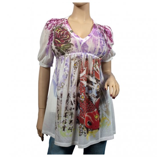 White Floral Koi Print Scoop Neck Top S