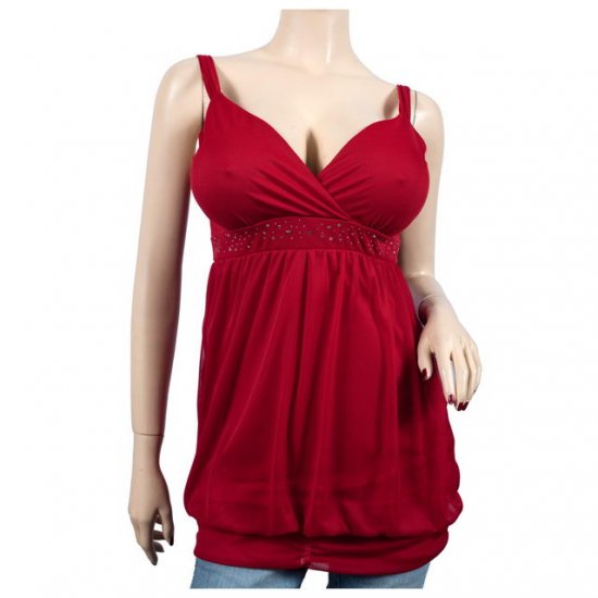 Red Low Cut V-Neck Rhinestone Plus Size Tunic Top 1X