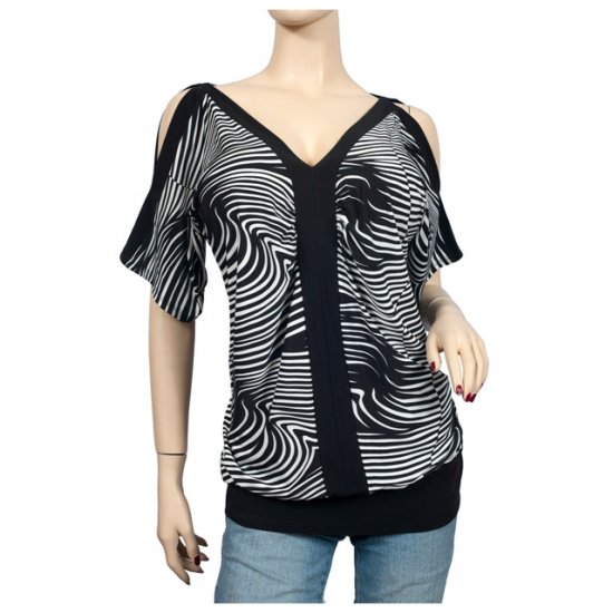 Black zebra print split shoulder plus size top 1X