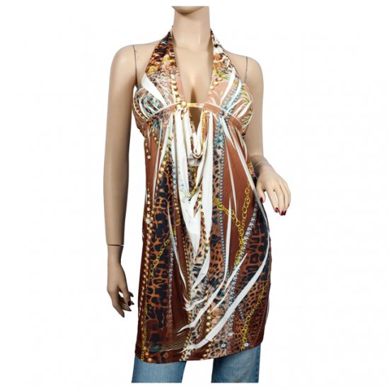 Brown designer deep cut v-neck plus size tunic top 3X
