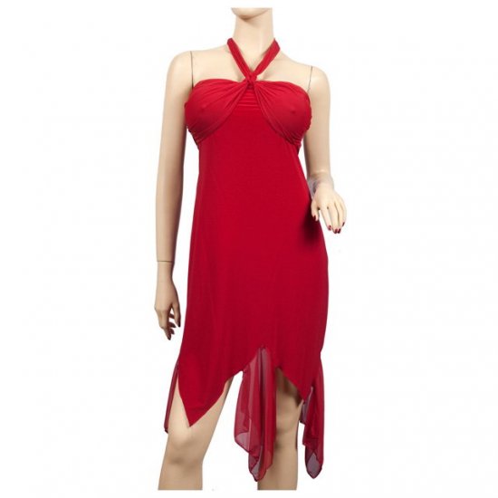 Red Chiffon Asymmetric Plus Size Halter Dress 1X