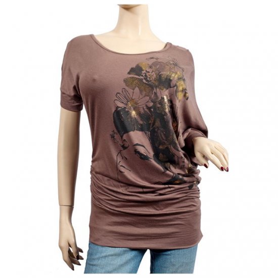 Brown Floral Print Wide Neck Plus Size Tunic Top 3X