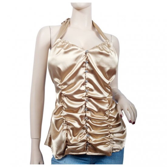 Gold Satin Ruched Button Front Plus Size Halter Top 2X