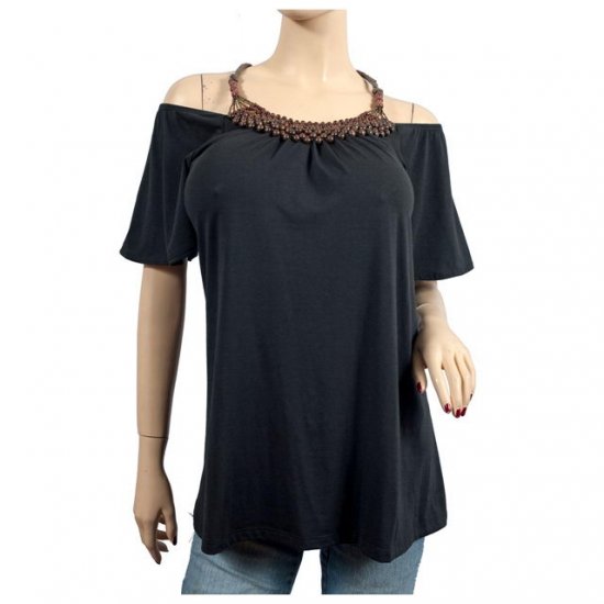 Black Bead Accented Short Sleeve Plus Size Top 1X