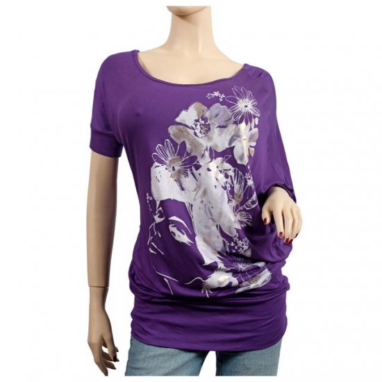 Purple Floral Print Wide Neck Plus Size Tunic Top 1X
