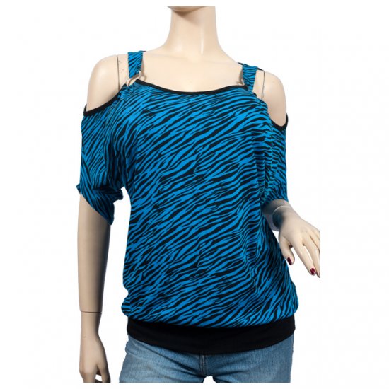 Blue Animal Print Off Shoulder O-ring Plus Size Top 3X