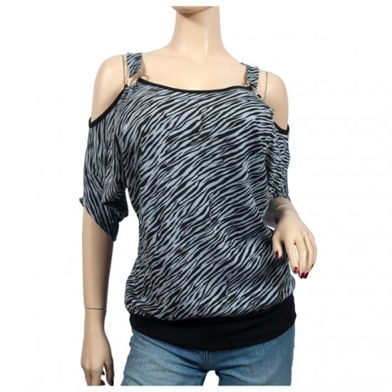 Gray Animal Print Off Shoulder O-ring Plus Size Top 2X