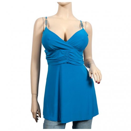 Blue Ruched Waist Rhinestone Strap Plus Size Top 1X
