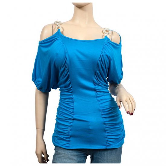 Blue Ruched Pendant Strap Off Shoulder Plus Size Top 3X