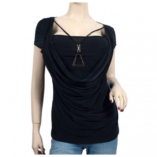 Black Layered Necklace Accent Plus Size Top 2X