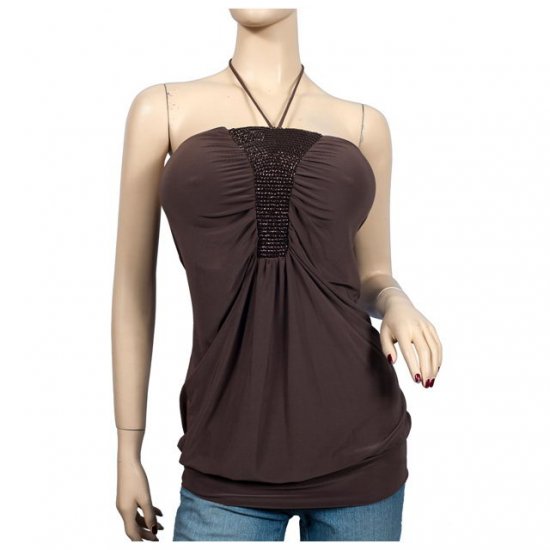 Brown Sequined Plus size Halter Top 2X