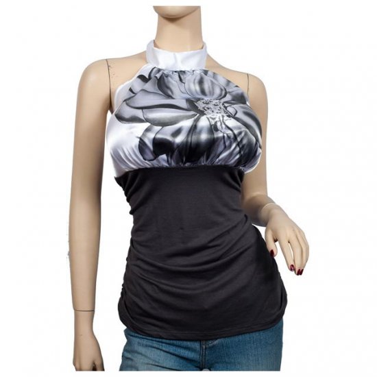 Gray Floral Print Rhinestone Plus size Halter Top 2X