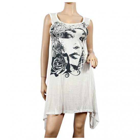 White Designer Print Asym Bottom Plus Size Tunic Top 3X