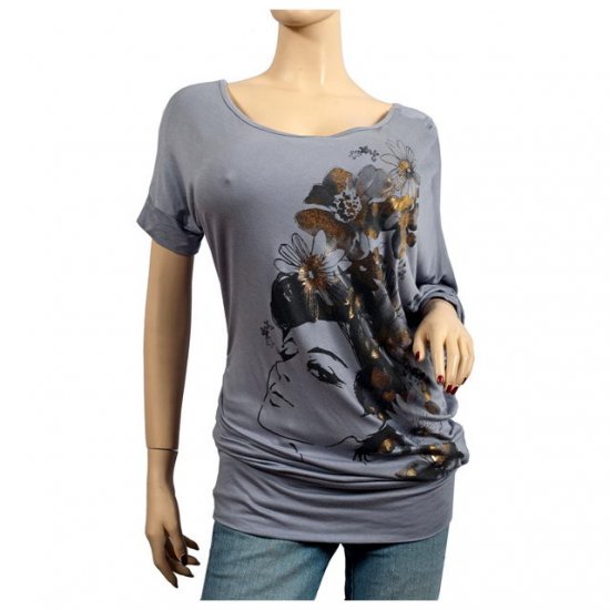 Gray Floral Print Wide Neck Plus Size Tunic Top 3X