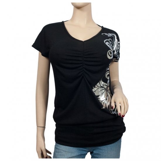 Silver floral print Black Short sleeve Plus size top 1X