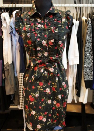 Black Floral FLutter Bib Tie Dress