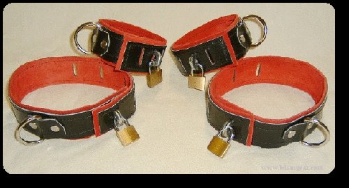 Wrist and Ankle Cuffs Black Leather On Red Suede Locking (set of 4)
