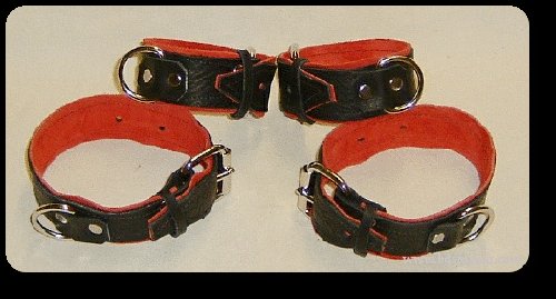 Wrist and Ankle Cuffs Black Leather On Red Suede Roller Buckle (set of 4)