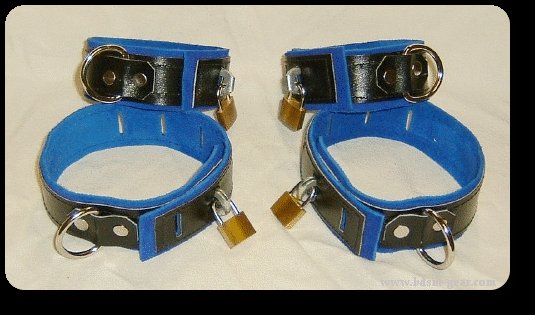 Wrist and Ankle Cuffs Black Leather On Blue Suede Locking (set of 4)