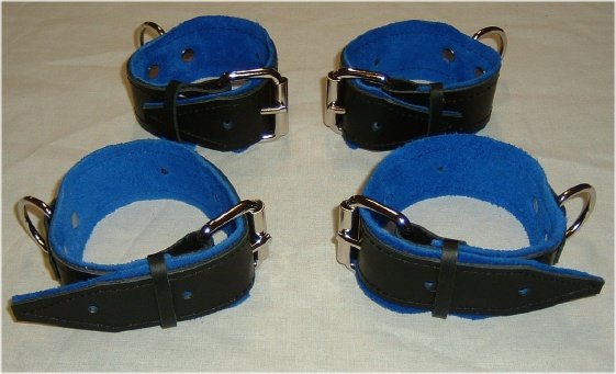 Wrist and Ankle Cuffs Black Leather On Blue Suede Roller Buckle (set of 4)