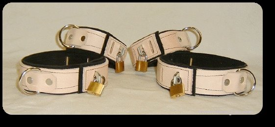 Wrist and Ankle Cuffs Tan Leather On Black Leather Locking (set of 4)
