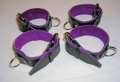 Wrist and Ankle Cuffs Black Leather and Purple Suede Lining Roller Buckle (set of 4)