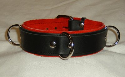 3 Ring Red Suede Lined Leather Collar - Roller Buckle
