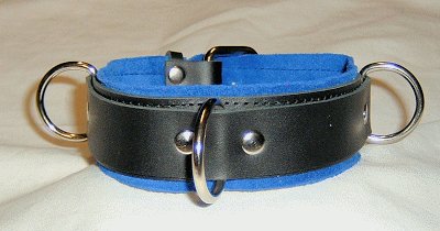 3 Ring Blue Suede Lined Leather Collar - Roller Buckle