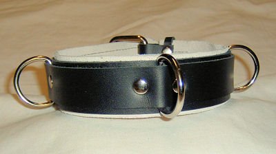 3 Ring White Suede Lined Leather Collar - Roller Buckle