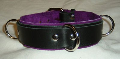 3 Ring Purple Suede Lined Leather Collar - Roller Buckle
