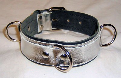 Three Ring Silver Metallic Leather Collar Roller Buckle