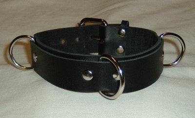 3 Ring Black Suede Lined Leather Collar - Roller Buckle
