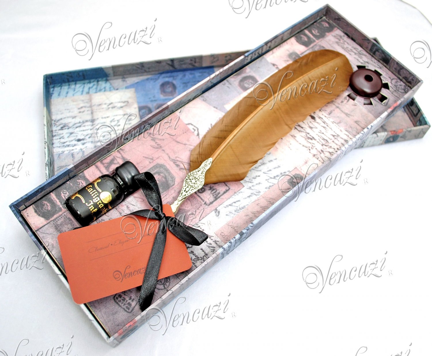 Antique Holder Natural Turkey Quill Ink Pen Euro Style Set - Golden Brown (+FREE GIFT!!!)
