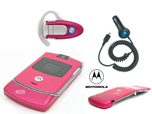 Motorola V3 "Pink" Razr Bluetooth Combo + Car Charger (Unlocked)