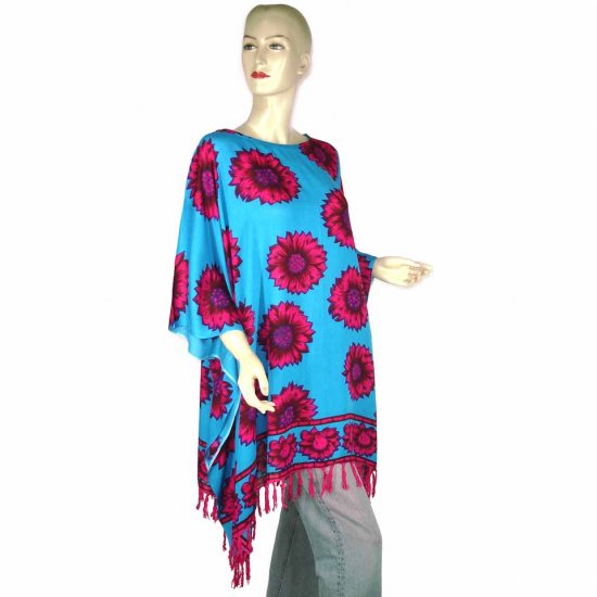 Blue Fuchsia Sunflower Print Poncho Tunic Kaftan Caftan Blouse 1X 2X 3X 4X 5X (MN4575)