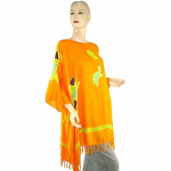 Hand-Drawn Orange Turtle Batik Poncho Tunic Kaftan Caftan Blouse 1X 2X 3X 4X 5X (MN4856)