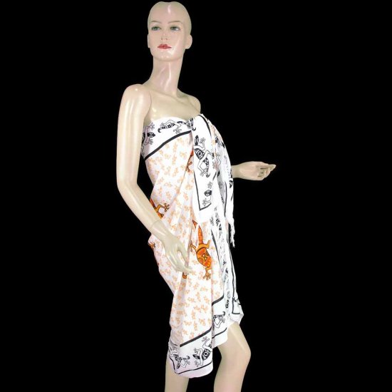 White Orange Gecko Print Sarong Pareo Skirt Dress Wrap Shawl Beach Cover-Up (MP87)