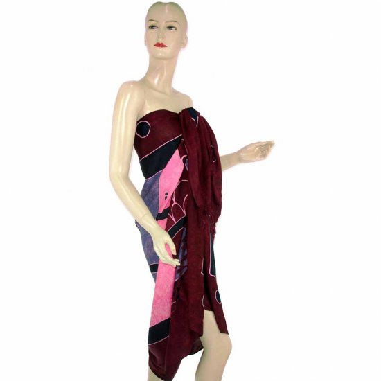 Burgundy Pink Fish Batik Sarong Pareo Skirt Dress Wrap Shawl Beach Cover-Up (MP106)