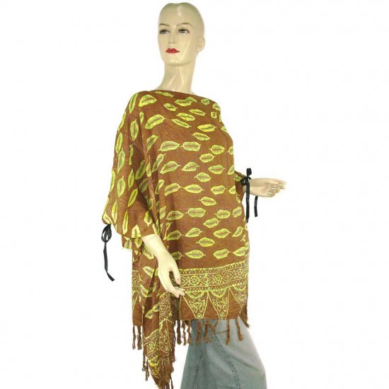 Hand-Drawn Brown Leaf Batik Poncho Tunic Kaftan Caftan Blouse 1X 2X 3X 4X 5X (PAB55)