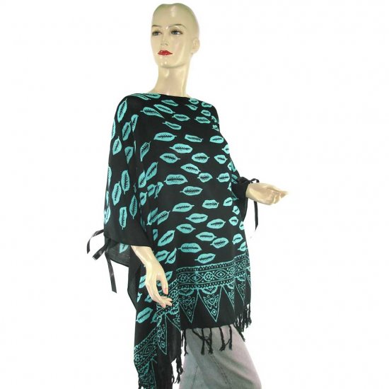 Hand-Drawn Black Blue Leaf Batik Poncho Tunic Kaftan Caftan Blouse 1X 2X 3X 4X 5X (PAB27)